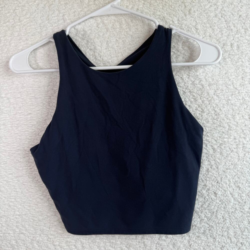 Athleta Conscious Women Crop Top M Navy Blue Sport Bra Tank Gym Workout Comfort